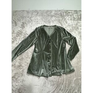 LOGO Lavish Velvet Button Up Blouse Women‎ Size Medium Green Long Sleeve EUC